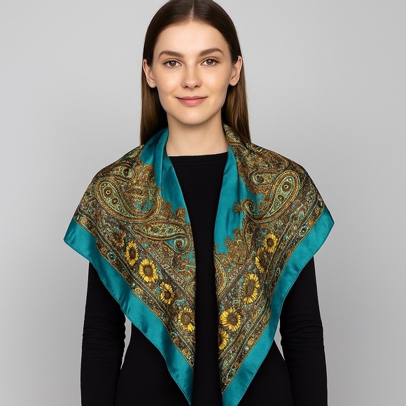 2224- Elegant Teal Paisley Floral Women’s Scarf 35”x34” 100% Polyester NWT - Picture 1 of 7